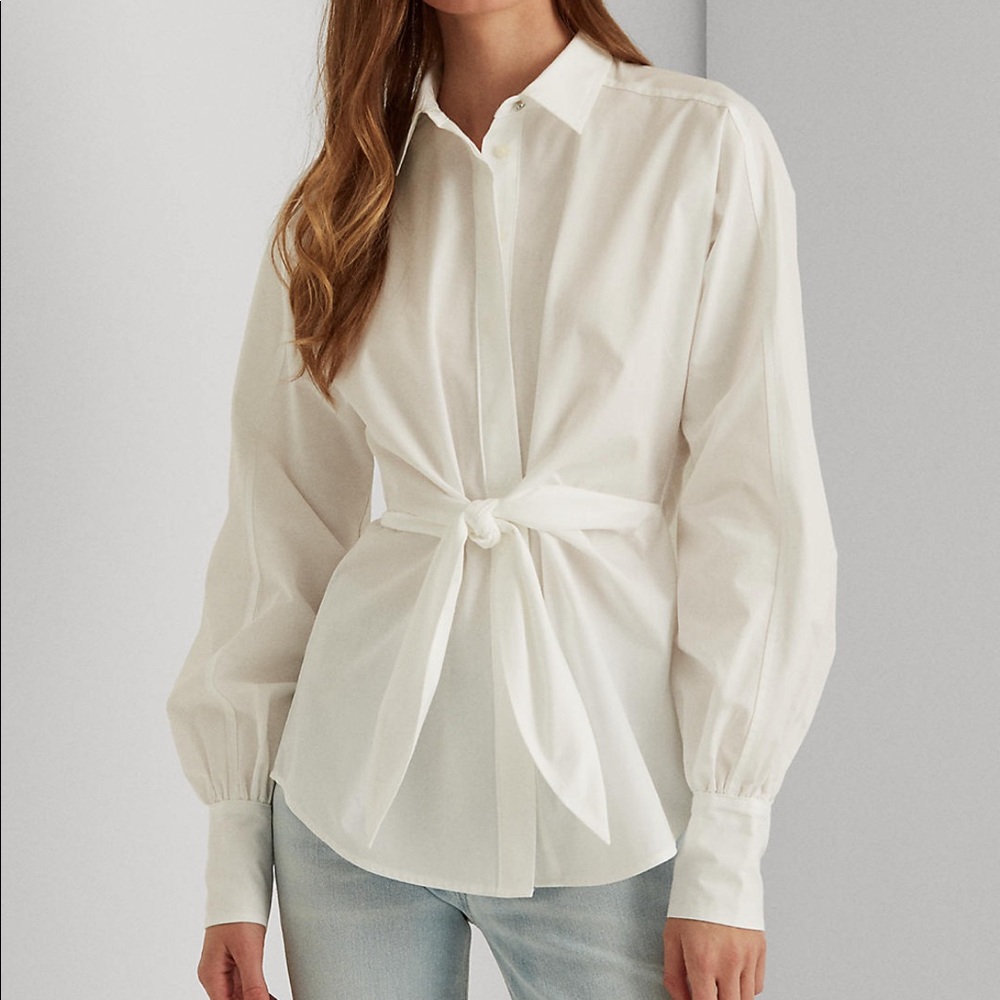 Lauren Ralph Lauren Cotton Puffed Long Sleeves Button Down Self-Tie Front Shirt - Picture 1 of 15